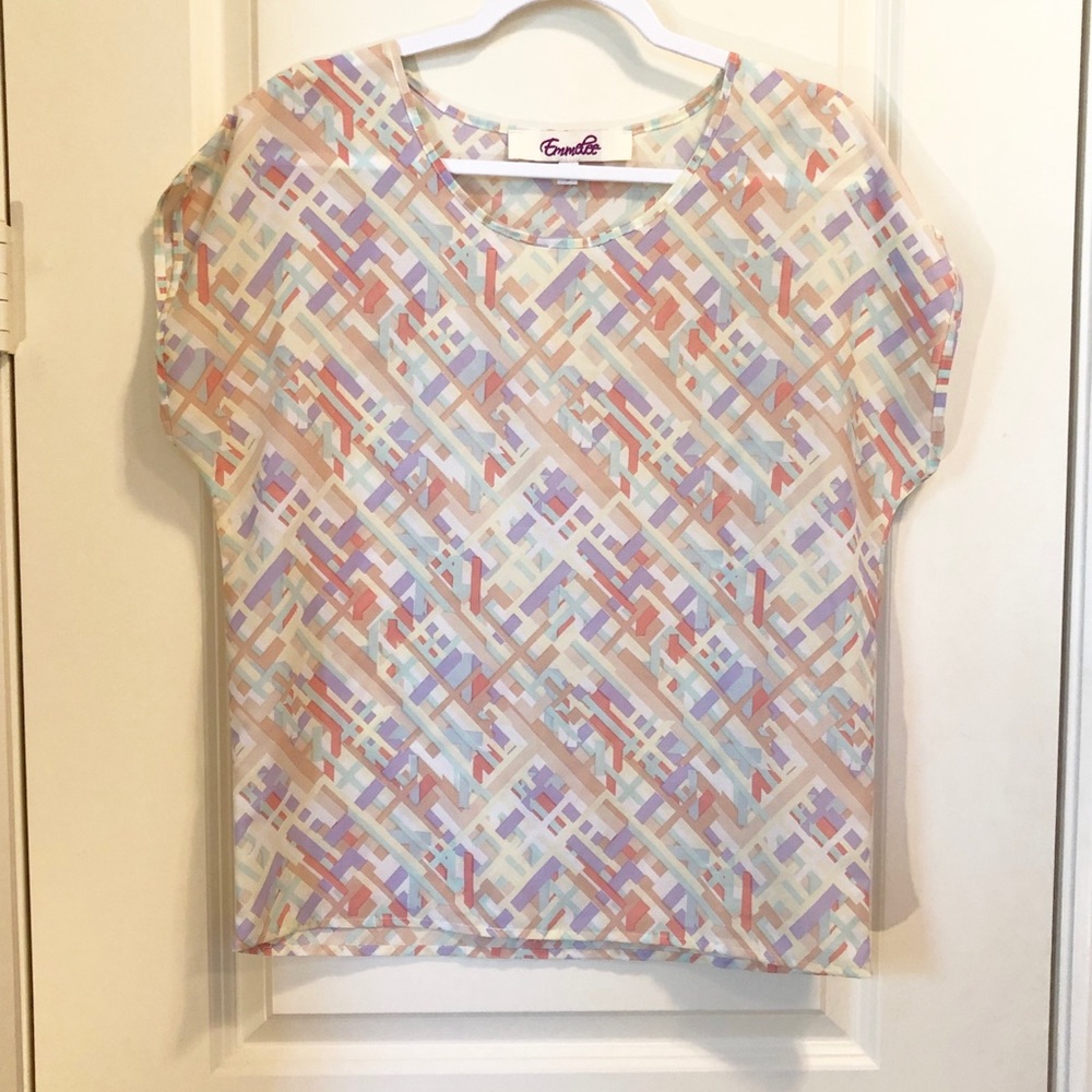 Vintage Emmelee Pastel Basket Weave Print Blouse Small Short Sleeve Top Slips On